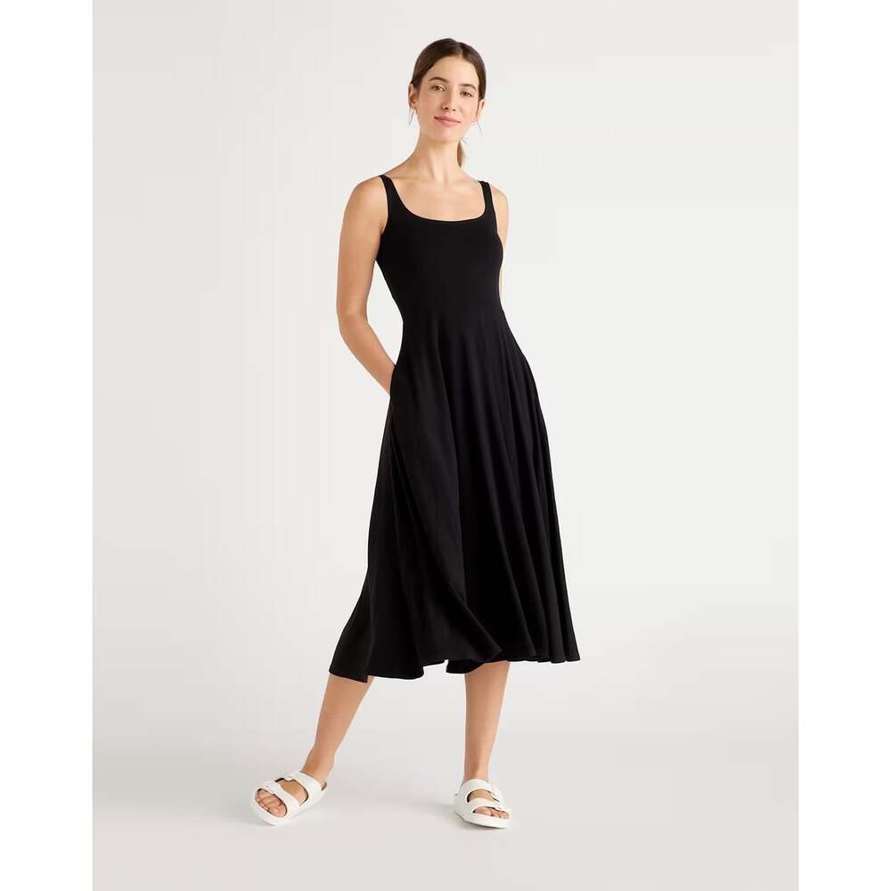 Quince Tencel Jersey Fit & Flare Midi Dress Black M Sleeveless Stretch